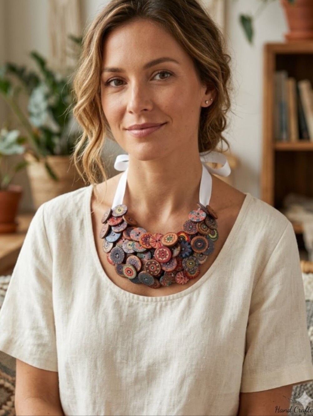 Handmade Boho Statement Bib Button Necklace Multicolor/White Ribbon Tie